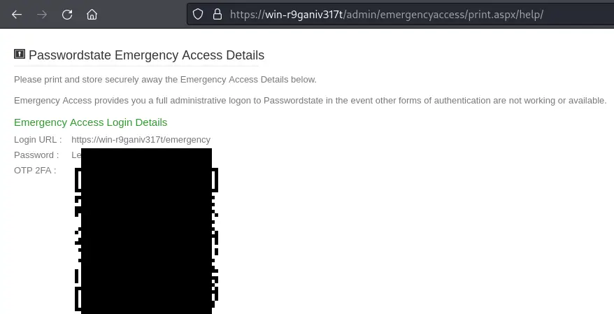 Step 2 - visit /admin/emergencyaccess/print.aspx/help/ to leak the emergency access password and 2FA code.